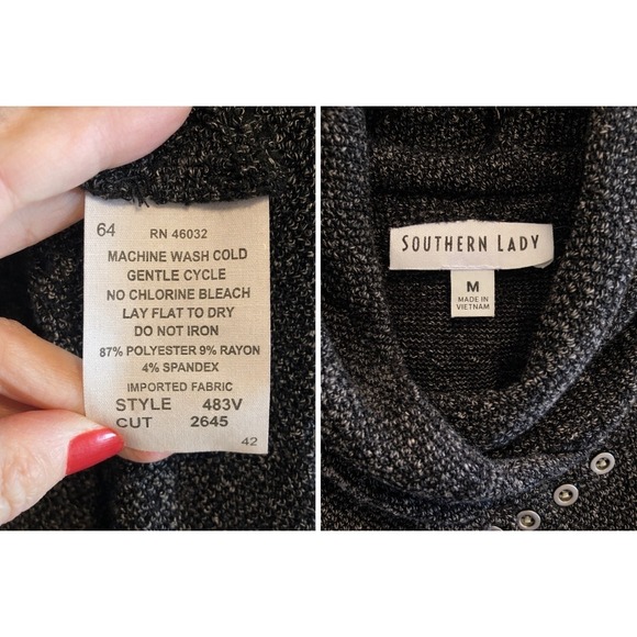 Southern Lady Charcoal Cowl Neck Knit Sweater Button Detail Cozy Top M - Picture 3 of 7